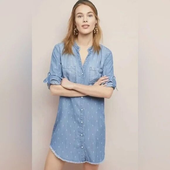Anthropologie Dresses & Skirts - ANTHROPOLOGIE Thread & Supply Long-Sleeve Frayed-Hem Chambray Shirt Dress Large
